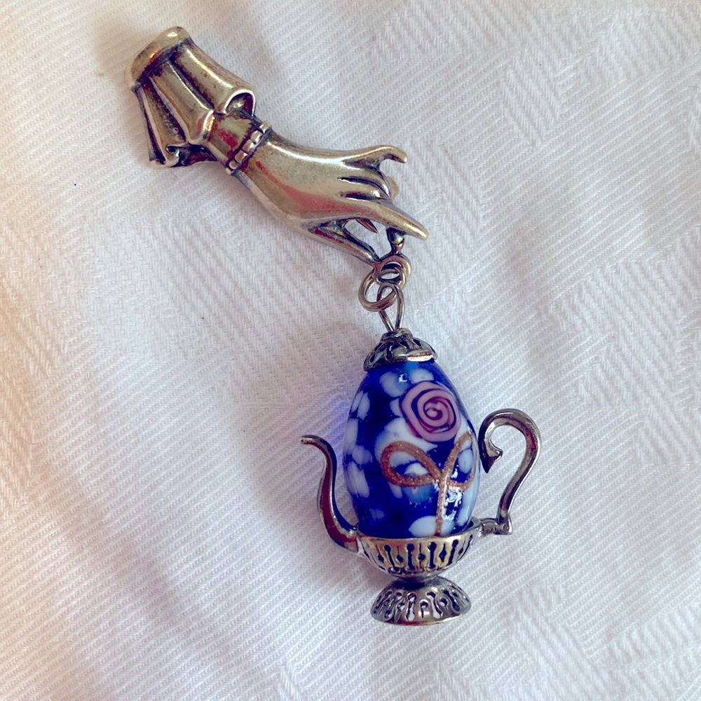 Hand painted tiny teapot sterling silver pin